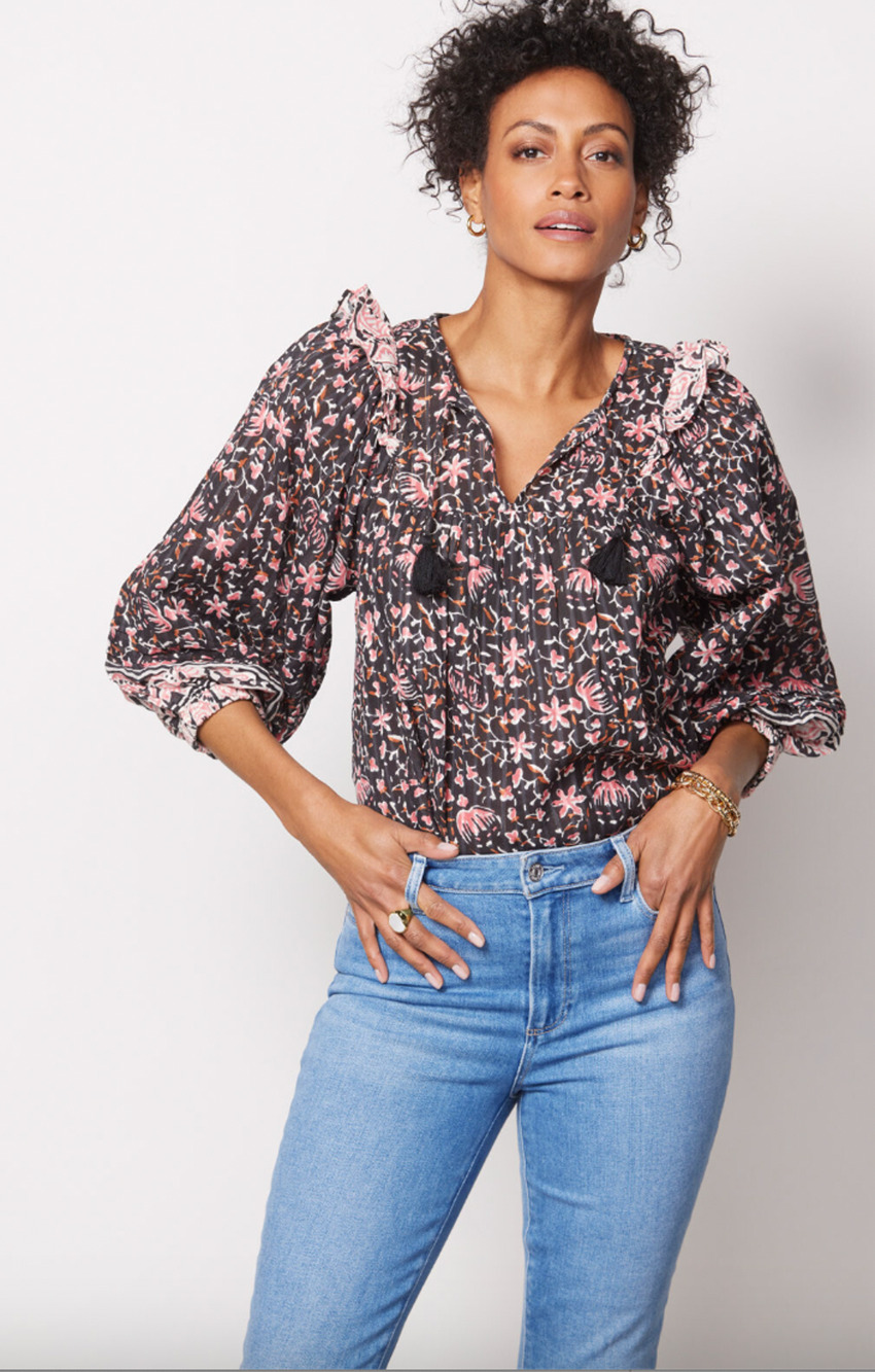 CLEOBELLA NWT Evereve Brynlee Black Pink Org Cotton Metallic Print Blouse // XS